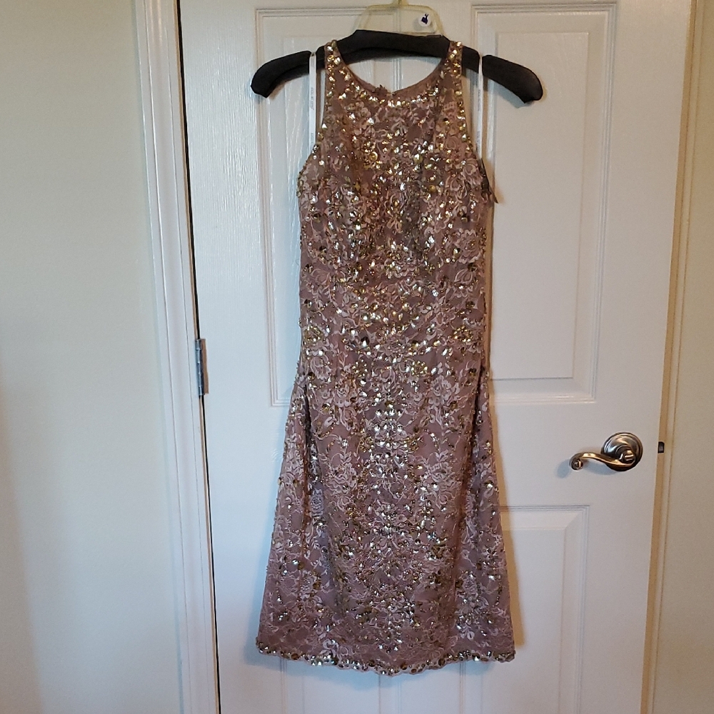 Social Occasions by Mon Cheri Gold and Tan Midi Dress
